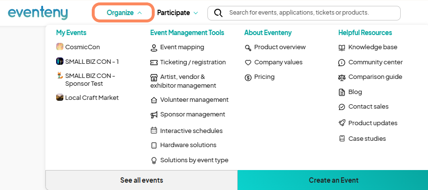 Eventeny dashboard showing the 'Organize' menu expanded, with a list of event management tools, about Eventeny, and helpful resources. The highlighted section shows the 'CosmicCon' event under 'My Events'.