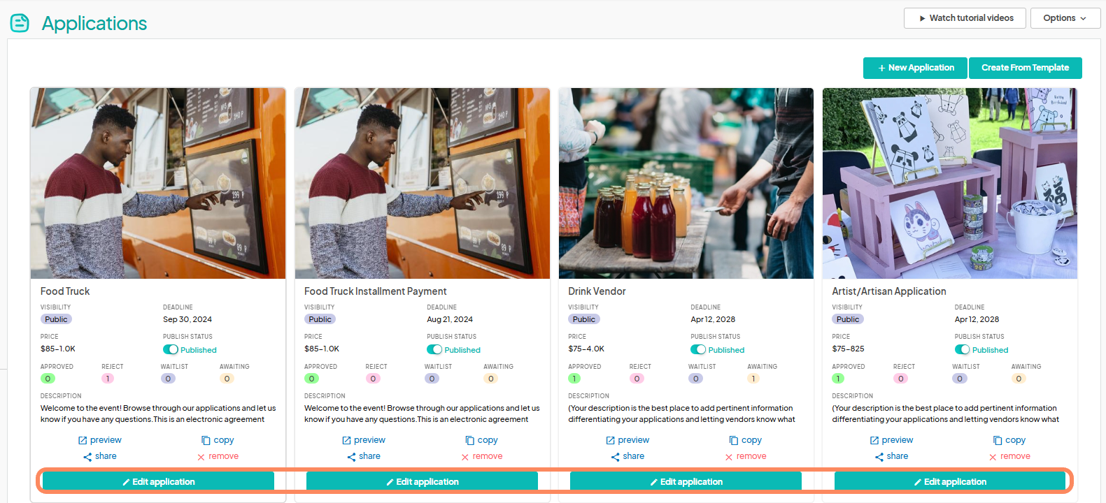 The 'Applications' section of the event dashboard shows multiple applications for the 'Food Truck,' 'Food Truck Installment Payment,' 'Drink Vendor,' and 'Artist/Artisan Application.' Each application card includes details like visibility, price range, deadline, and status, with the 'Edit application' button highlighted at the bottom.