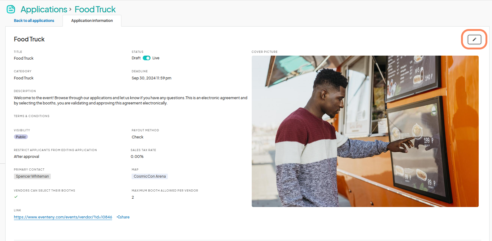 The 'Food Truck' application page in edit mode, with an edit icon highlighted in the top right corner