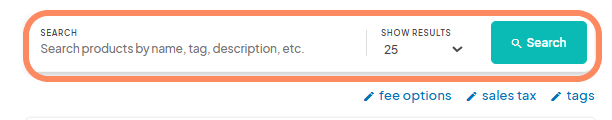 Screenshot from the Eventeny platform showing a highlighted search bar for searching products by name, tag, or description, with a dropdown to display 25 results and a 'Search' button. Below are options for 'fee options,' 'sales tax,' and 'tags.'
