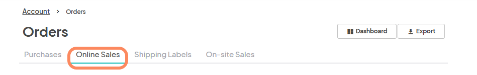 Orders' navigation
    path. The 'Online Sales' tab is highlighted among the tabs: 'Purchases,'
    'Online Sales,' 'Shipping Labels,' and 'On-site Sales.' There are also 'Dashboard'
    and 'Export' buttons on the right.