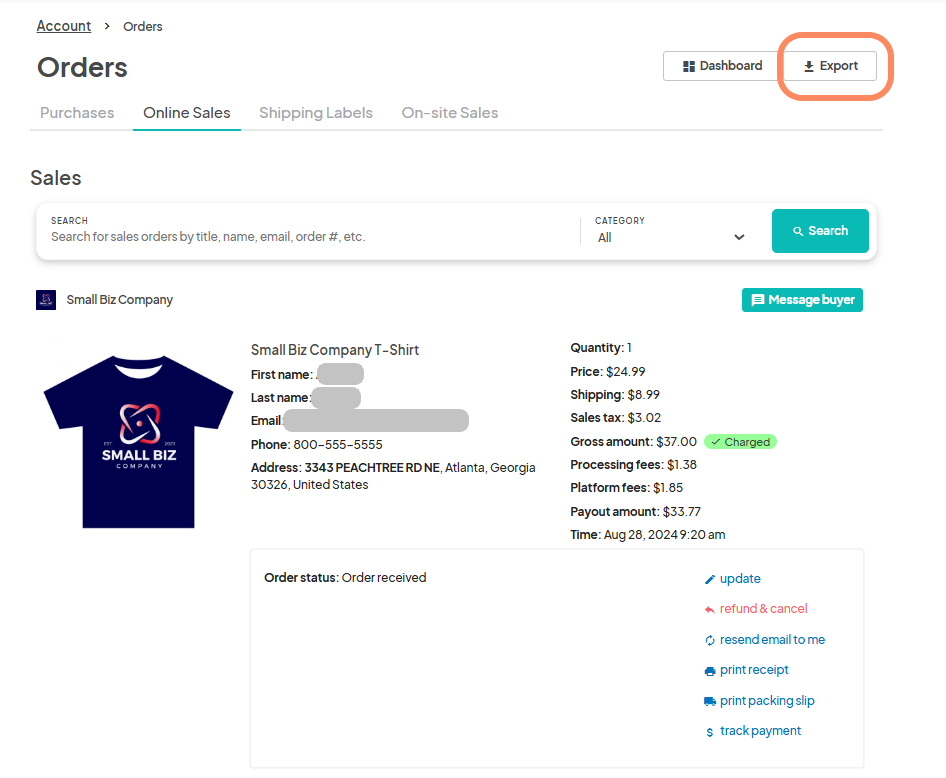 Another screenshot from the Eventeny platform 'Orders' page under the 'Online Sales' tab, with the 'Export' button highlighted. It shows a detailed order view for a 'Small Biz Company T-Shirt,' including buyer information, pricing, fees, and available actions such as update, refund & cancel, resend email, print receipt, print packing slip, and track payment.