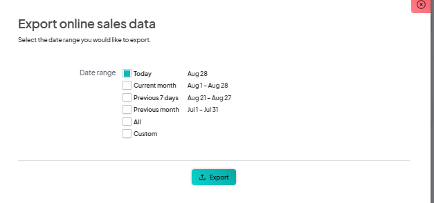 Screenshot from the Eventeny platform showing the 'Export online sales data' page. Users can select a date range for exporting data, including options like Today, Current month, Previous 7 days, Previous month, All, and Custom. A green 'Export' button is at the bottom.