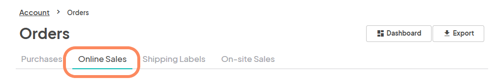 An 'Orders' page with tabs for 'Purchases', 'Online Sales' (highlighted), 'Shipping Labels', and 'On-site Sales'.