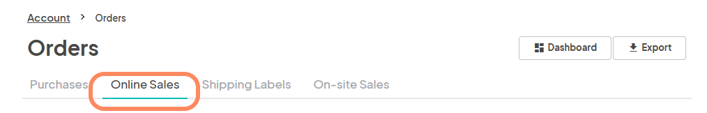 An 'Orders' page with tabs for 'Purchases', 'Online Sales' (highlighted), 'Shipping Labels', and 'On-site Sales'.