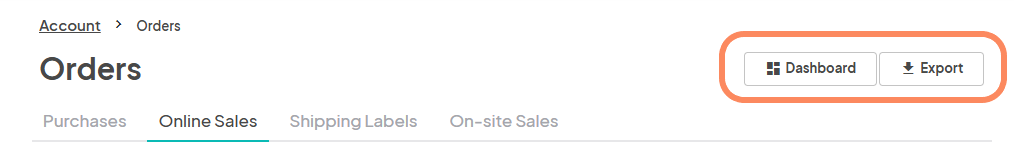 The same 'Orders' page showing 'Online Sales' with highlighted buttons 'Dashboard' and 'Export' on the top right corner.