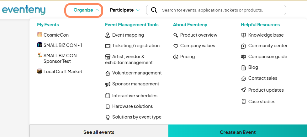 A screenshot of the Eventeny dashboard highlighting the 'Organize' tab. The page shows different sections including 'My Events' listing events like CosmicCon and Local Craft Market, 'Event Management Tools' with options like Event Mapping and Volunteer Management, 'About Eventeny' with links to product overview and pricing, and 'Helpful Resources' such as the Knowledge Base and Blog. There are buttons at the bottom for 'See all events' and 'Create an Event'.