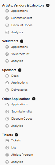 A sidebar menu on Eventeny listing categories like 'Artists, Vendors & Exhibitors', 'Volunteers', 'Sponsors', 'Other Applications', and 'Tickets'. Each category contains sub-options like 'Applications', 'Submissions list', 'Discount Codes', and 'Analytics'.