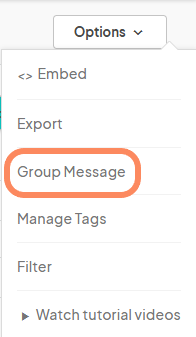 A dropdown menu from the 'Options' button on Eventeny, showing options like 'Embed', 'Export', 'Group Message' (highlighted), 'Manage Tags', 'Filter', and 'Watch tutorial videos'.
