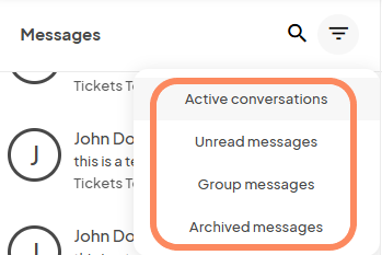 A messages dropdown menu on Eventeny displaying filtering options: 'Active conversations', 'Unread messages', 'Group messages', and 'Archived messages'. The dropdown is expanded to show all options.