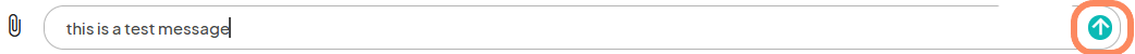 A message input field on Eventeny where the text 'this is a test message' is typed. The send button on the right is highlighted, showing an arrow icon indicating the option to send the message.