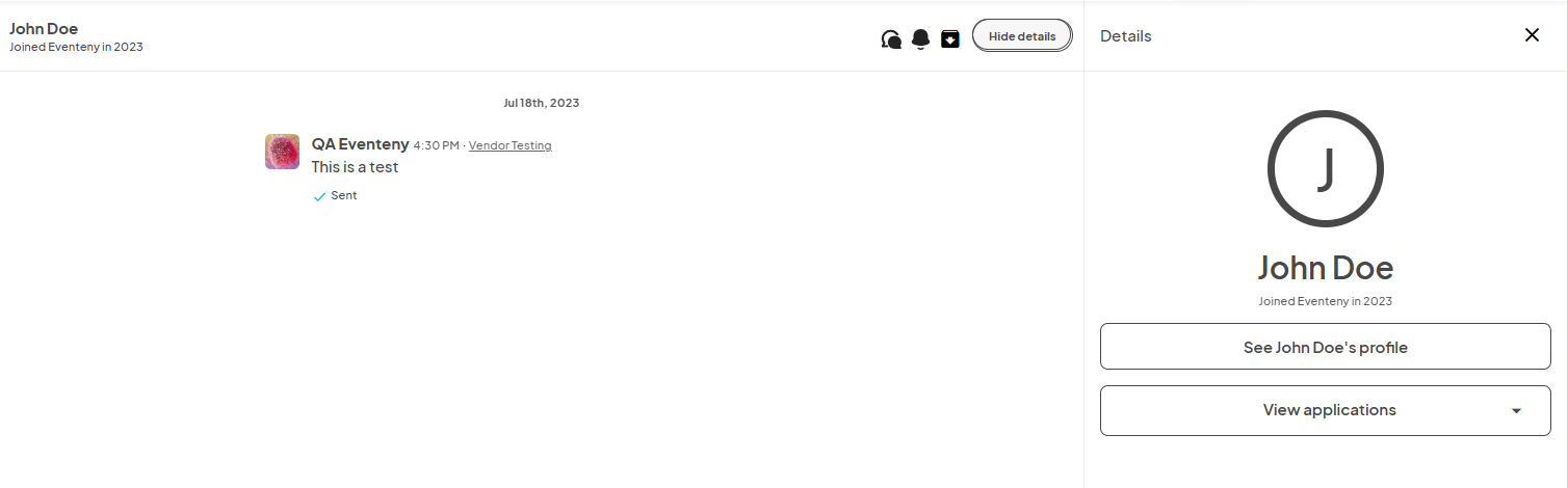 A conversation view on Eventeny displaying a message from 'QA Eventeny' with the text 'This is a test' sent to 'John Doe'. The right panel shows John Doe's profile details, including buttons to view John Doe's profile and applications.
