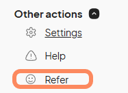 A dropdown menu titled 'Other actions' on Eventeny, featuring options for 'Settings', 'Help', and 'Refer' (highlighted). The 'Refer' option has a smiley face icon next to it.