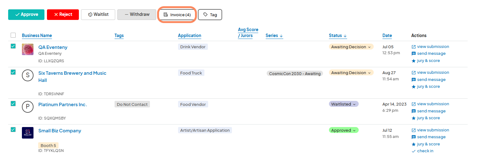 Top bar of the applicant submissions list page showing selected applicant checkboxes and action buttons such as 'Approve', 'Reject', 'Waitlist', 'Withdraw', 'Invoice (4)', and 'Tag'. The 'Invoice (4)' button is highlighted.