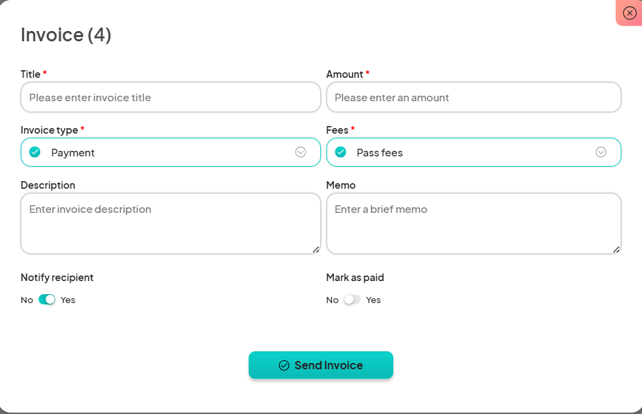 an image showing users the fields that need to be filled to send the invoice.