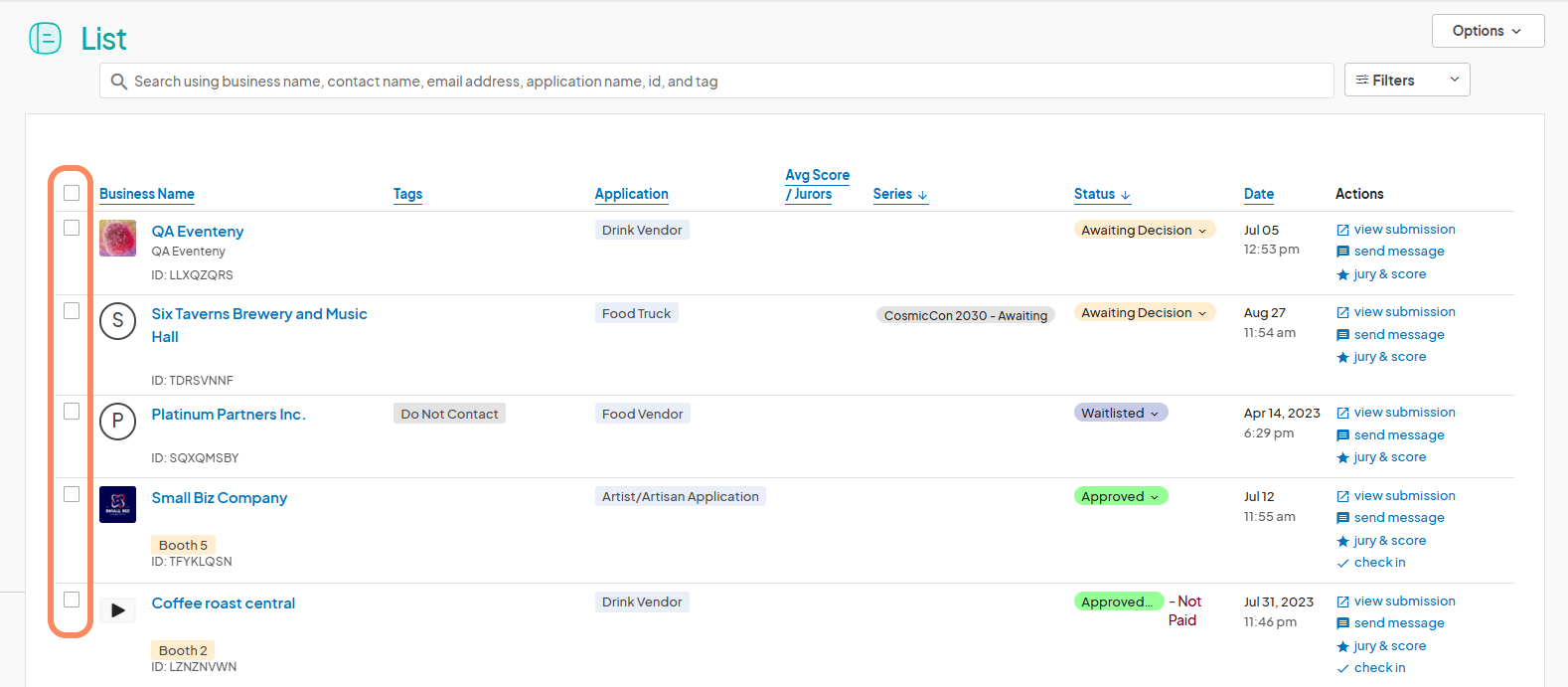 Submission list view showing multiple applicant submissions with checkboxes next to each business name, along with details like tags, application type, average score, status, and available actions such as 'view submission', 'send message', 'jury & score'.