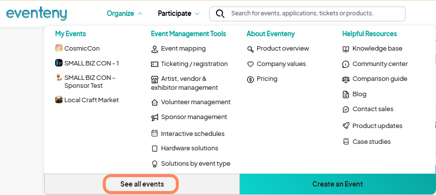 The page shows the 'Organize' dropdown menu open with the 'See all events' button highlighted at the bottom. Event management tools, company information, and helpful resources are listed in different sections.