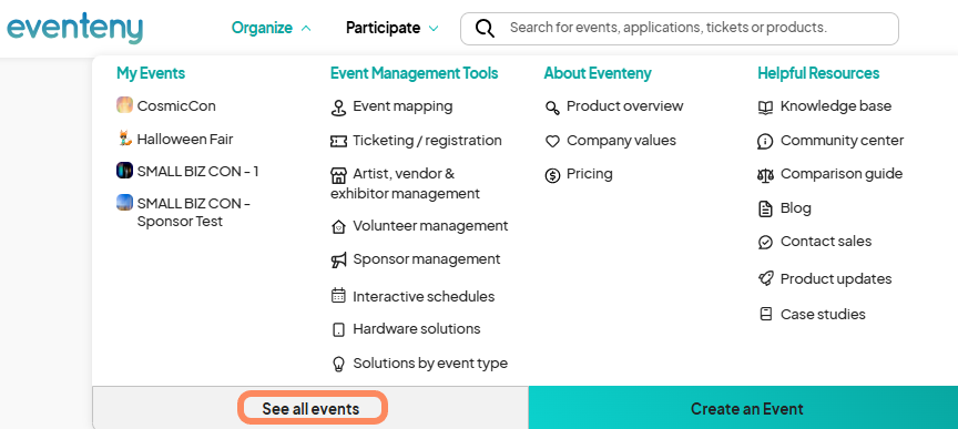Screenshot showing the 'See all events' button at the bottom of the Eventeny platform's Organize dropdown menu, allowing users to view all events associated with their account.