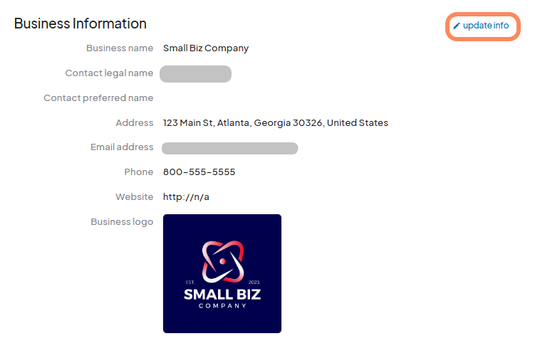 A business information page displays details like name, contact info, and a logo, with the 'update info' link highlighted in the top-right corner.