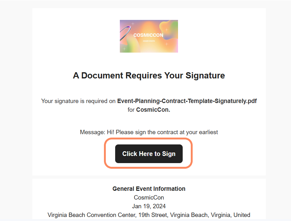 A document requiring a signature for the event-planning-contract-template for CosmicCon. The image includes a 'Click Here to Sign' button highlighted in black.