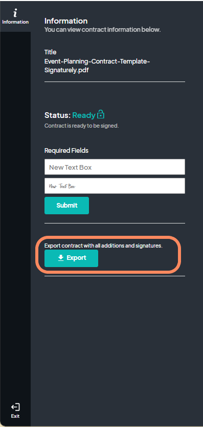A contract information screen showing the status as 'Ready,' with the 'Export' button highlighted at the bottom to export the contract with all additions and signatures.