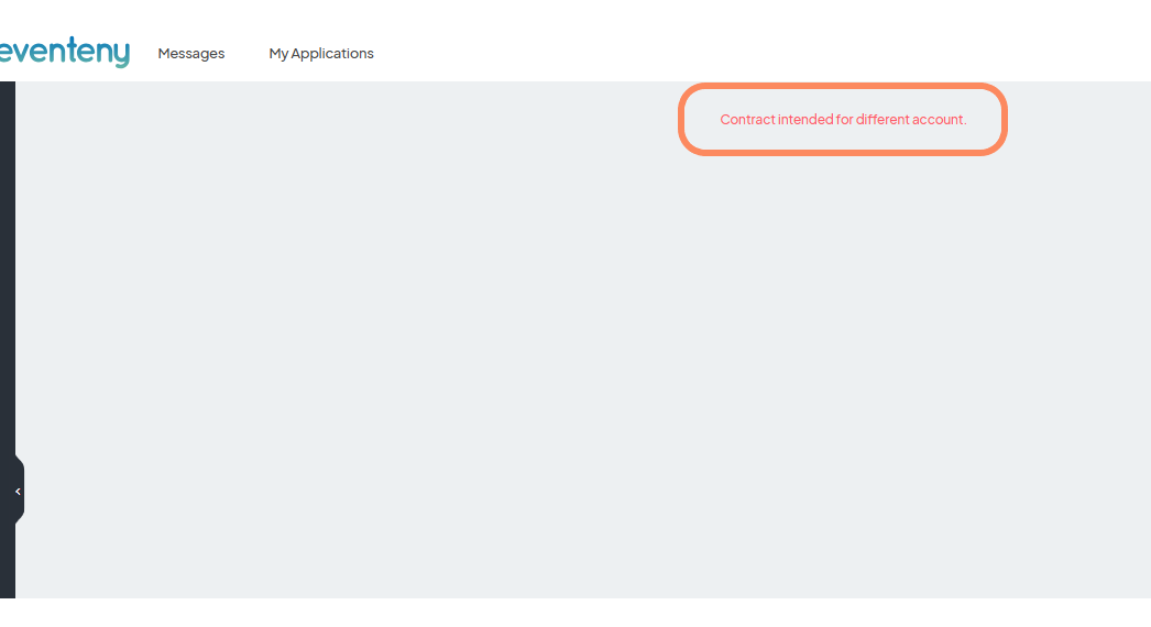An error message on the screen stating 'Contract intended for different account,' highlighted in red.