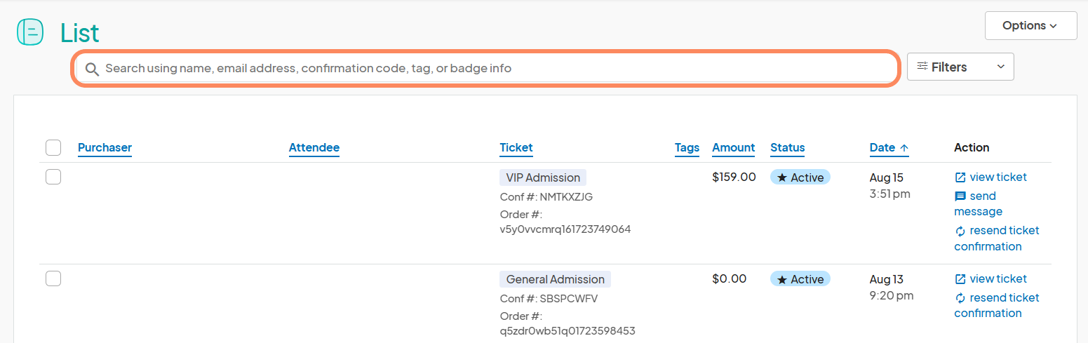 Ticket List page with search bar highlighted: A view of the 'List' page on the Eventeny platform, displaying a search bar highlighted to search using name, email address, confirmation code, tag, or badge info. The page includes ticket details like purchaser, attendee, ticket type, tags, amount, and status.