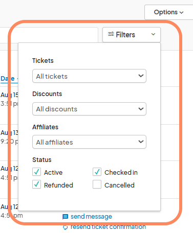 Filter dropdown options highlighted: A dropdown menu on the Eventeny platform with filter options for 'Tickets,' 'Discounts,' 'Affiliates,' and 'Status,' allowing users to filter ticket data by different categories.