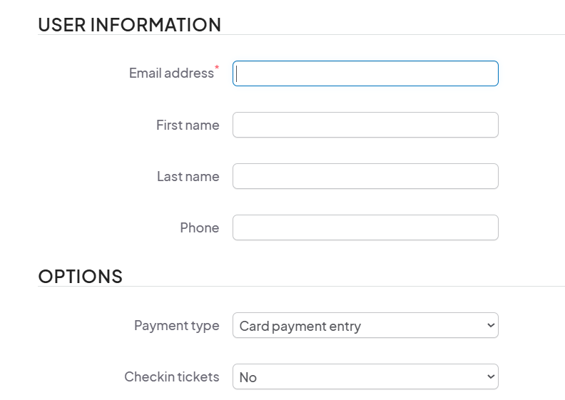 A section where user information is filled in, including fields for email address, first name, last name, and phone, along with ticket payment options.