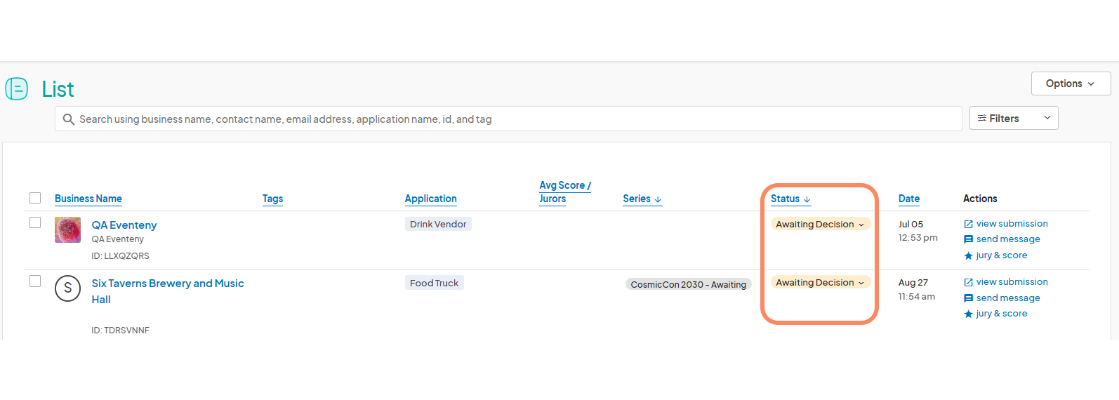 List view of event submissions, displaying business names, tags, application types, and statuses such as 'Awaiting Decision'. Two applications are listed: QA Eventeny and Six Taverns Brewery and Music Hall.