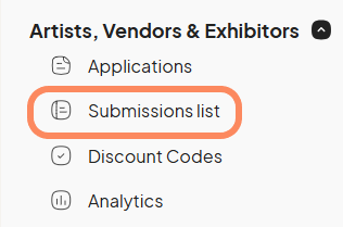 Sidebar of Eventeny platform under the 'Artists, Vendors & Exhibitors' section, with 'Submissions list' highlighted.