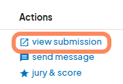 Actions menu showing options like 'view submission', 'send message', and 'jury & score'. 'view submission' is highlighted.