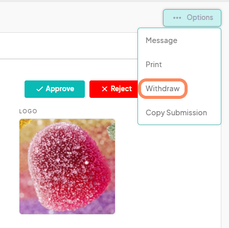 Options menu on the Eventeny platform within an application view, showing options such as 'Message', 'Print', and 'Withdraw'. 'Withdraw' is highlighted.