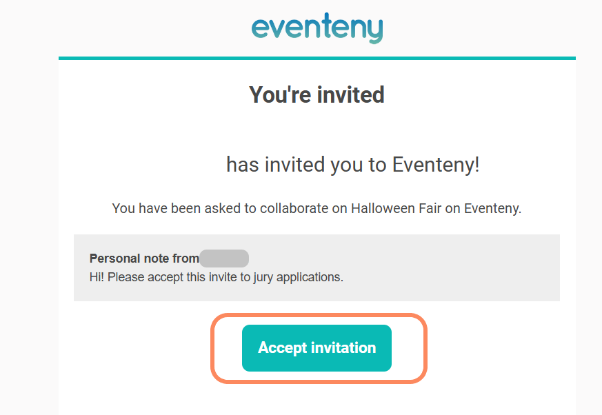 An invitation email from Eventeny with the message 'You're invited.' It includes a personal note asking the recipient to accept the invitation to collaborate on 'Halloween Fair.' At the bottom is a green 'Accept invitation' button.