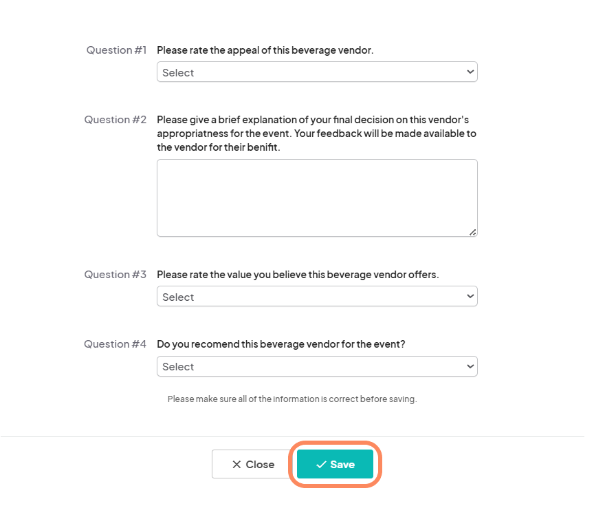 A form with questions for jurors to evaluate a beverage vendor. Questions include rating the vendor's appeal, value, and overall recommendation. At the bottom is a green 'Save' button.
