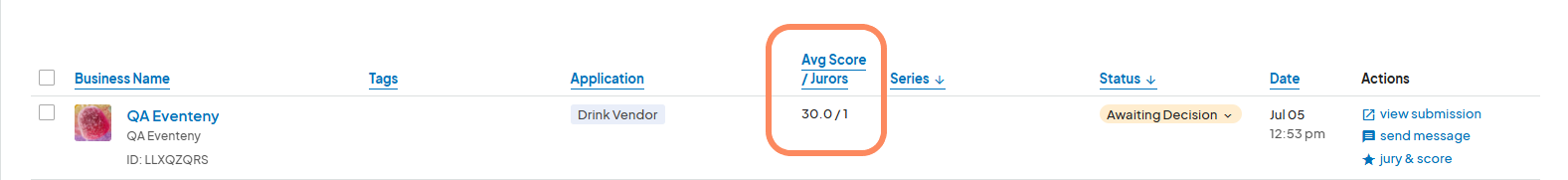 A table displaying the average score for the juror's evaluation of 'QA Eventeny' under the 'Avg Score / Jurors' column, showing a score of 30.0/1.