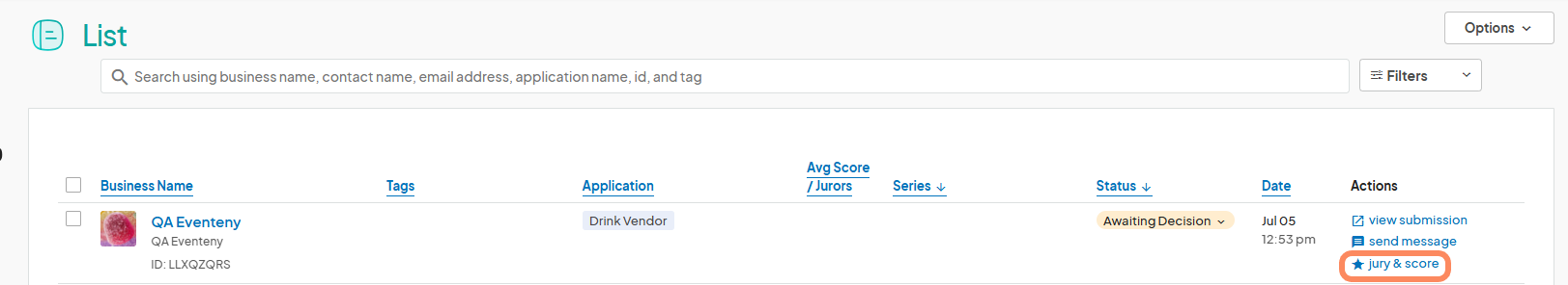 A list of applicants for an event, showing one applicant, 'QA Eventeny,' under the 'Business Name' column. The 'jury & score' action link is highlighted.