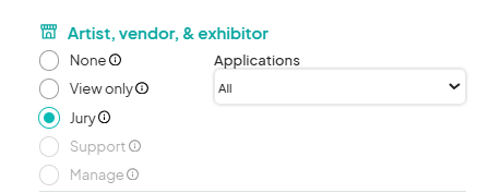 Selection options for permissions under 'Artist, vendor, & exhibitor', showing permission levels such as None, View Only, Jury, Support, and Manage, with 'Jury' selected.