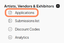 The 'Artists, Vendors & Exhibitors' section is expanded on the left-side navigation panel. The 'Applications' tab is highlighted in orange.
