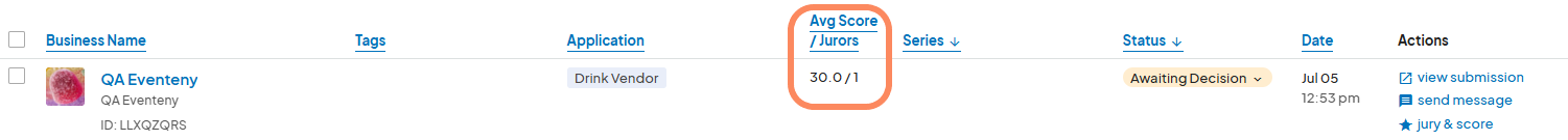 The submissions list shows a vendor's details with a 'Drink Vendor' application and an average score of '30.0/1' highlighted in orange.