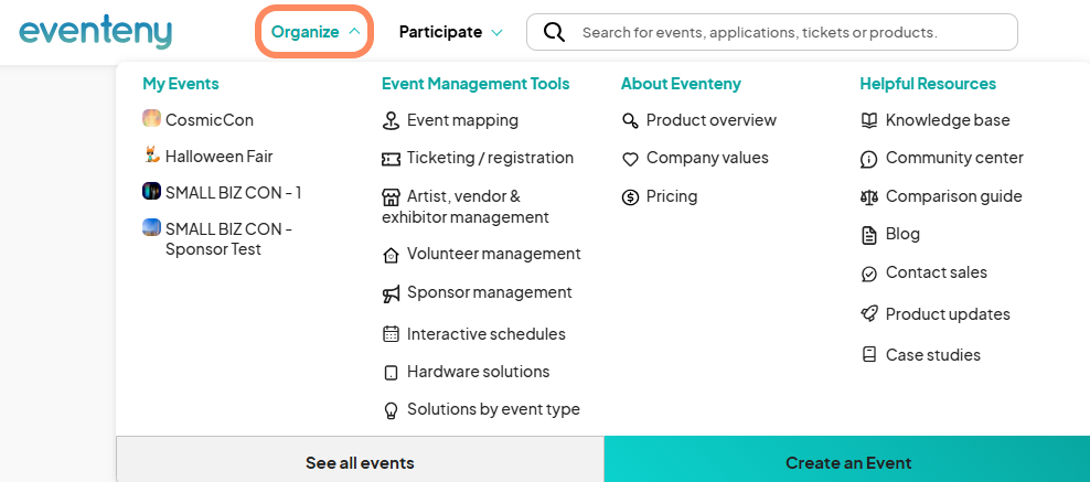 Eventeny dashboard with the 'Organize' dropdown highlighted, showing options under 'My Events' and 'Event Management Tools' with a list of events such as CosmicCon and Halloween Fair.