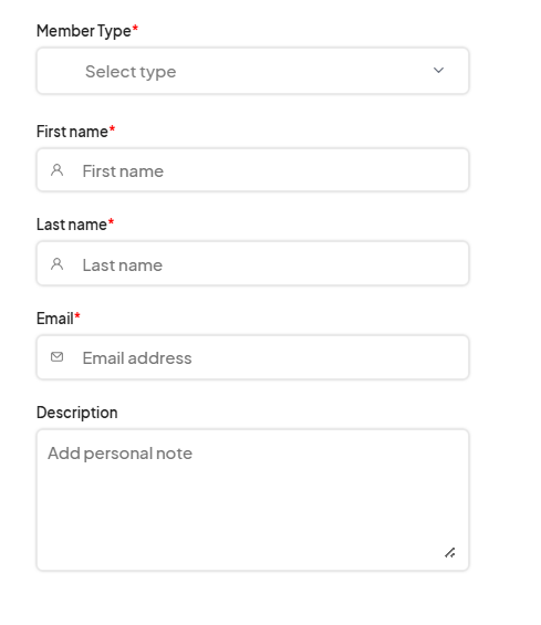 Form to invite a new member with fields for 'Member Type', 'First name', 'Last name', 'Email', and a description box to add a personal note.