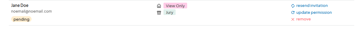 List of team members, showing one pending invitation for 'Jane Doe' with 'View Only' and 'Jury' permissions, along with options to 'resend invitation', 'update permission', and 'remove'.