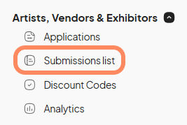The 'Artists, Vendors & Exhibitors' section is expanded on the left-side navigation panel. The 'Submissions list' tab is highlighted in orange.