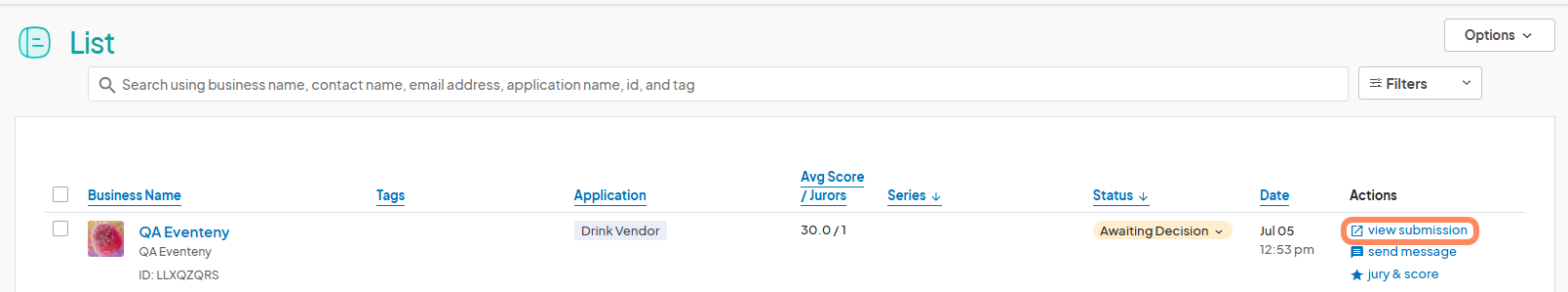 The image displays a 'List' of vendor applications. A submission by 'QA Eventeny' is shown, with the 'view submission' action highlighted.