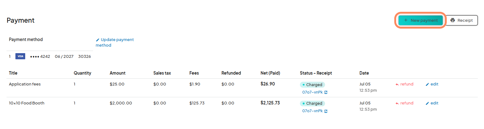 The image shows the 'Payment' screen for a vendor, listing charges such as 'Application fees' and '10x10 Food Booth.' The 'New payment' button is highlighted.