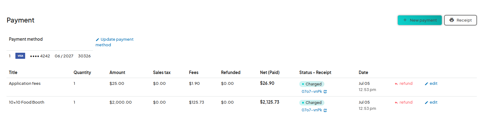 The image shows the 'Payment' screen again, now with a specific transaction ID '07o7-vnPk' highlighted under the 'Receipt' column for a '10x10 Food Booth' charge.