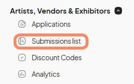 The 'Submissions list' option is highlighted under the 'Artists, Vendors & Exhibitors' section of the sidebar menu.