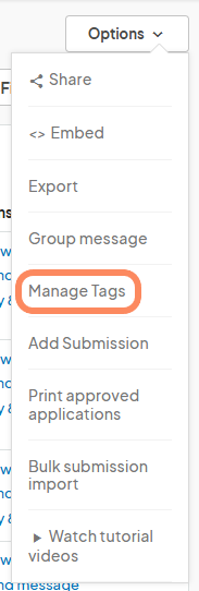 The 'Manage Tags' option is highlighted in the 'Options' drop-down menu.