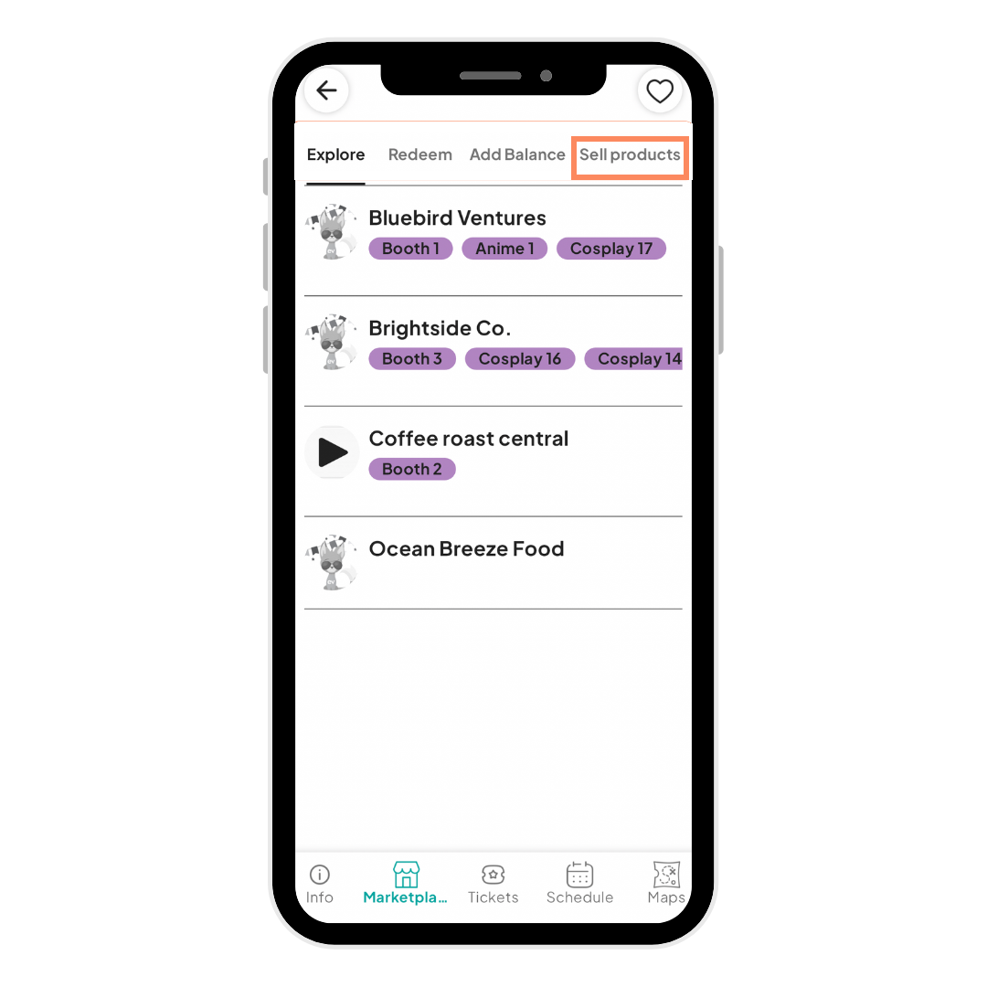 A mobile screen showing details for an event titled 'CosmicCon.' The event date is listed as January 19, 9:00 am to October 20, 6:00 pm. The 'Marketplace' tab is highlighted at the bottom.
